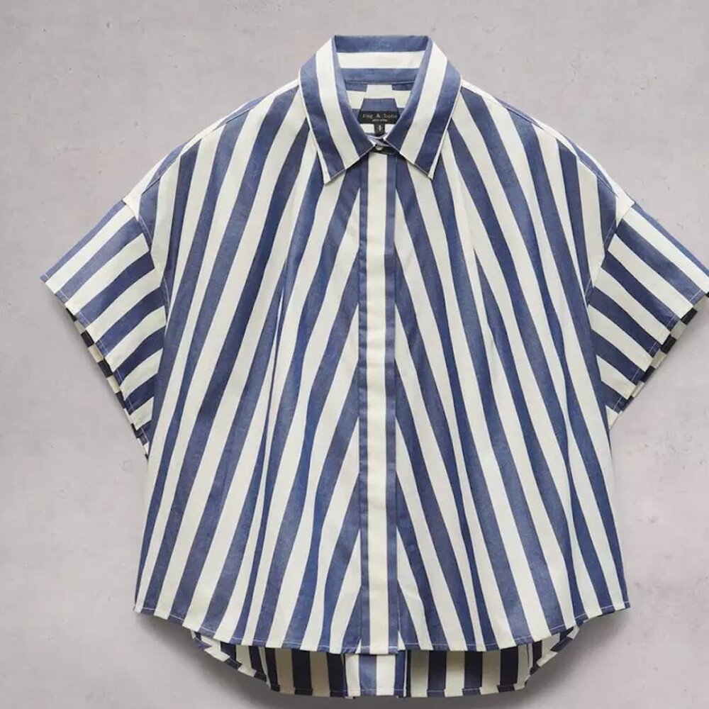 Rag & Bone Martha Striped Cotton Poplin Shirt - Dark Blue Stripe